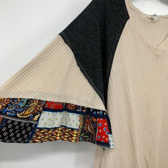 Umgee Top Waffle Knit Patchwork Flare Sleeve V Neck Tunic Pockets - Picture 4 of 11